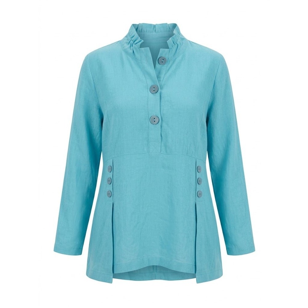 Habitat Aqua Blue Wire Ruffle Neck 3/4 Sleeve Tunic Top Womens Large